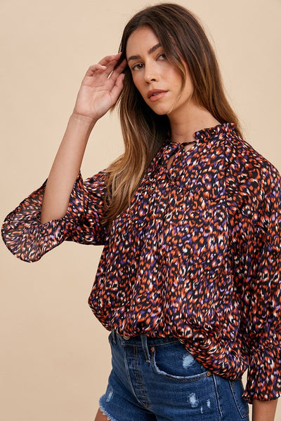 Multicolor v neck frill and riffle detail blouse