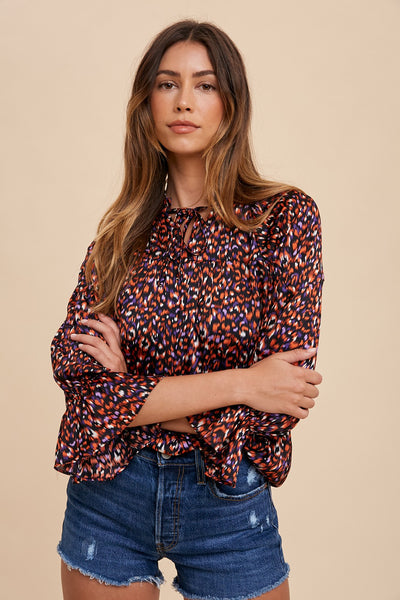 Multicolor v neck frill and riffle detail blouse