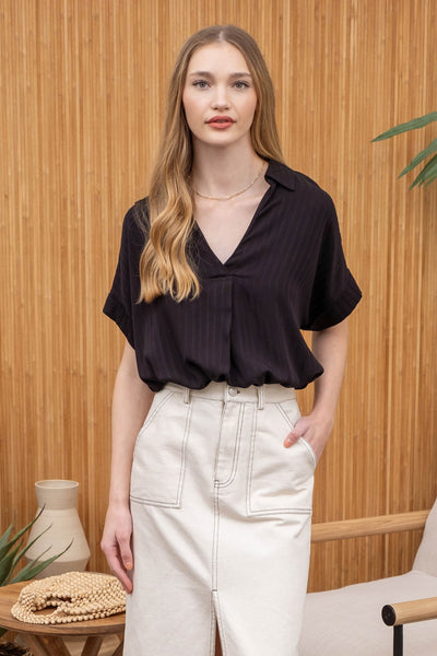 Striped Collared Split Neck Top