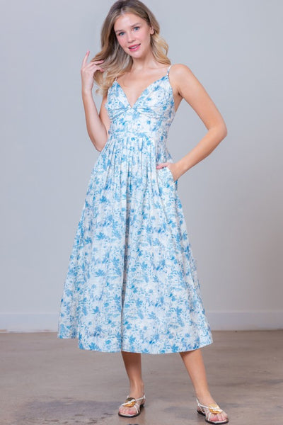 Embroidered Plunge Midi Dress