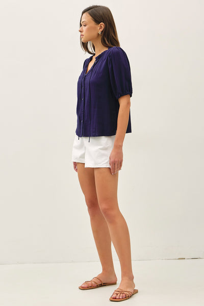 Linen Blend Ruffle Blouse