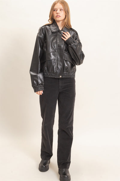 Faux Leather Collared Bomber Jacket