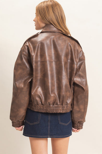 Faux Leather Collared Bomber Jacket