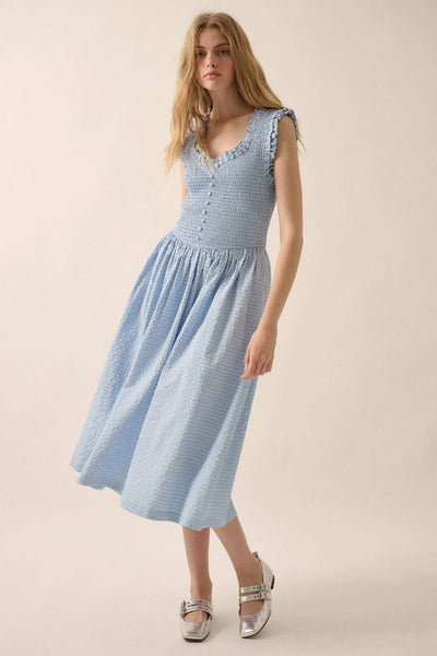 Smocked Plaid Midi Dress