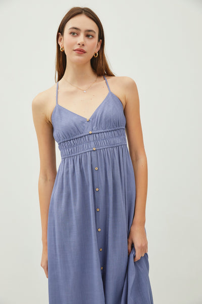 Linen Blend Front Button Shirred Mini Dress