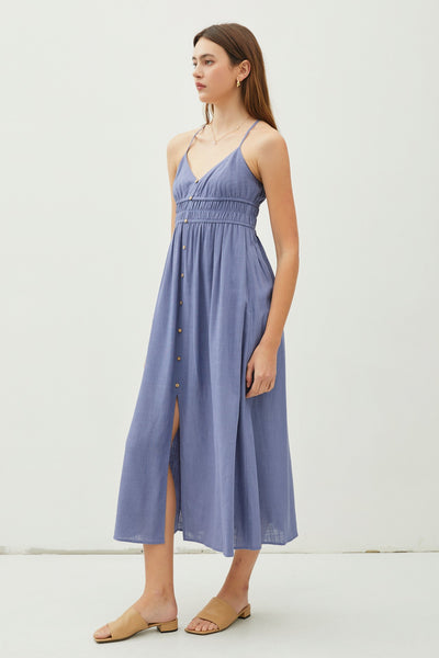 Linen Blend Front Button Shirred Mini Dress
