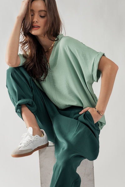 Oversized V Neck Folded Short Sleeve Top