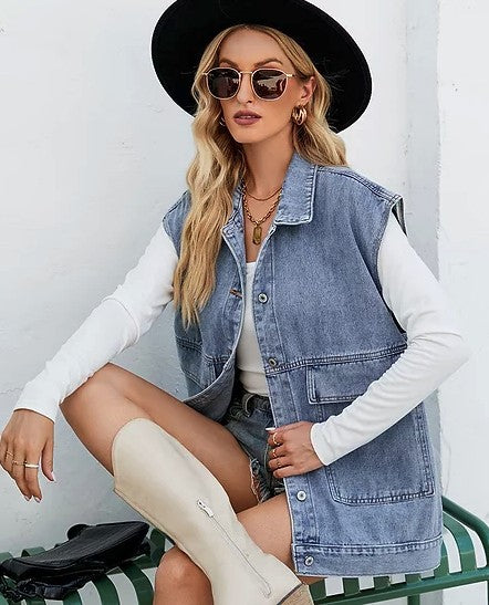 Oversized Big Pocket Denim Vest