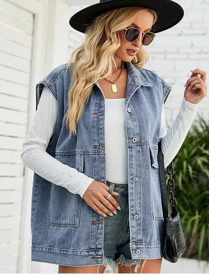Oversized Big Pocket Denim Vest