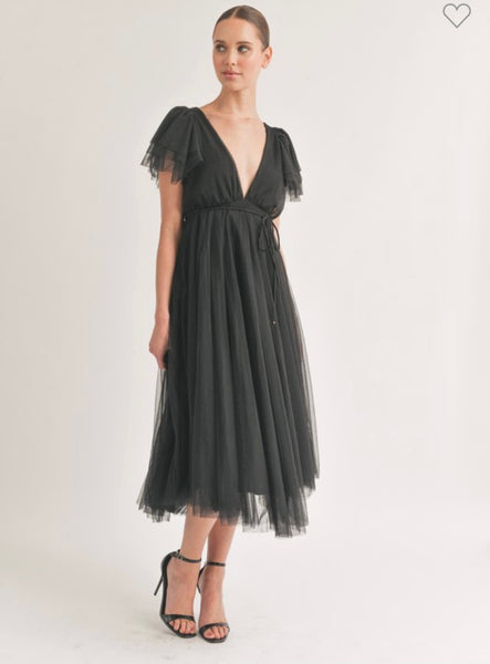 Belted Flutter Sleeve Midi Dress