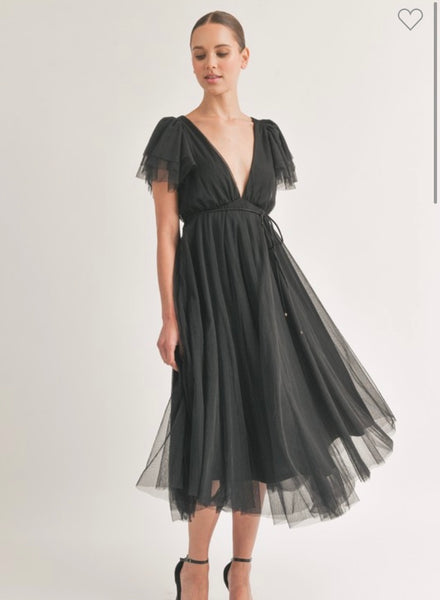 Belted Flutter Sleeve Midi Dress