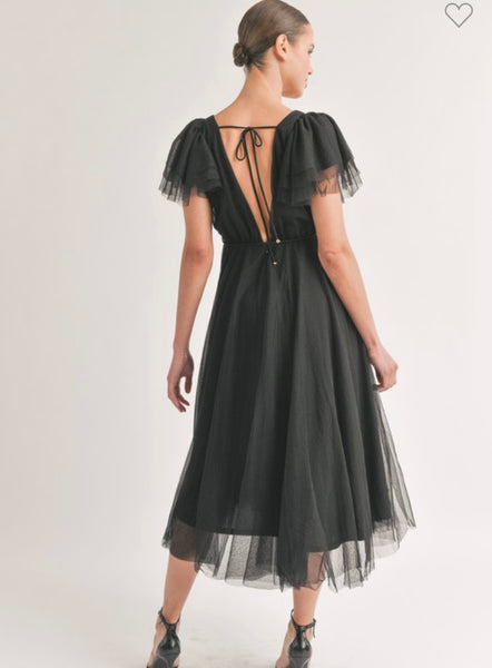 Belted Flutter Sleeve Midi Dress