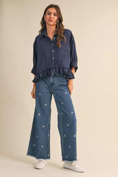 Ruffled Hem Drop Shoulder Shirts