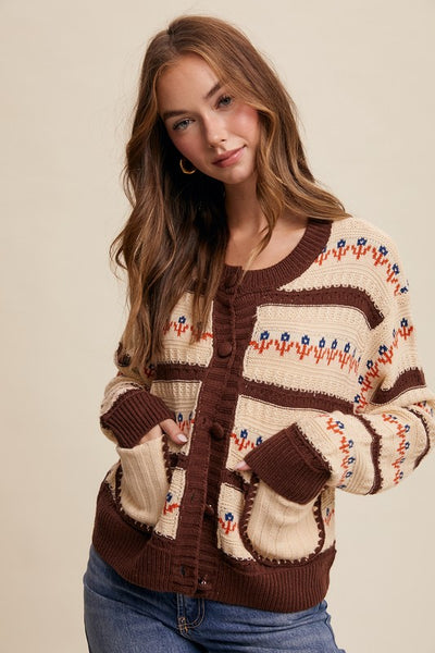Flower Striped Pattern Knit Cardigan