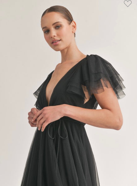 Belted Flutter Sleeve Midi Dress