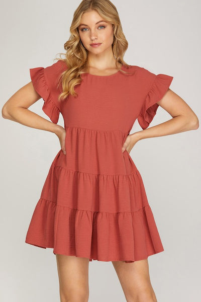 Drop Shoulder Ruffle Tiered Woven Dress