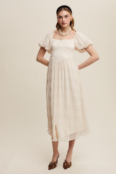 Smocked Puff Sleeve Midi Dress