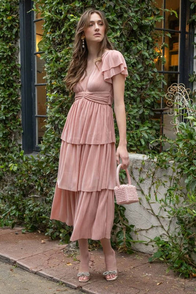 V Neck Pleated Ruffle Tiered Midi Dress