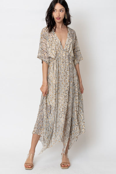 Printed Kimono Sleeve Midi Dress