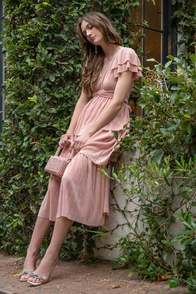 V Neck Pleated Ruffle Tiered Midi Dress