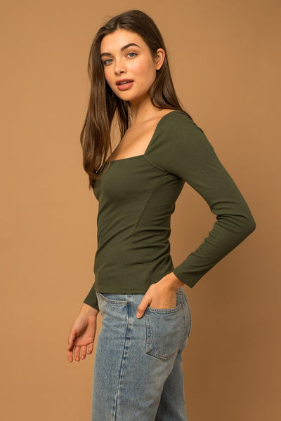 Long Sleeve Deep Neck Rib Top