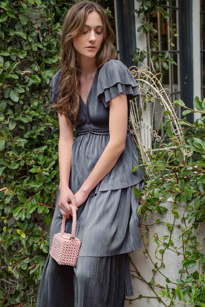 V Neck Pleated Ruffle Tiered Midi Dress