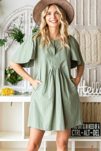 Flutter Sleeve Pleated Tunic Dress