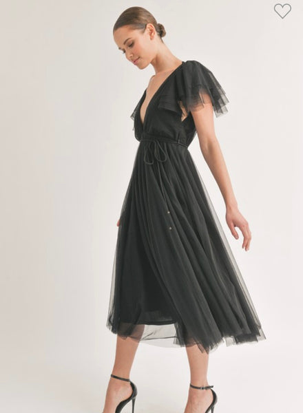 Belted Flutter Sleeve Midi Dress