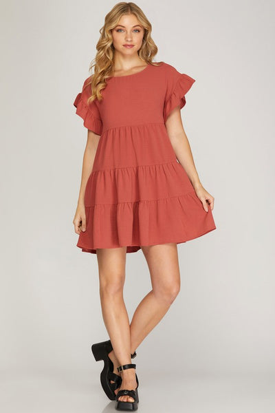 Drop Shoulder Ruffle Tiered Woven Dress