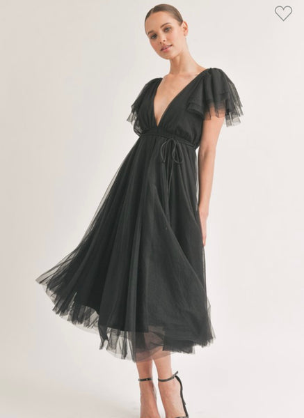 Belted Flutter Sleeve Midi Dress