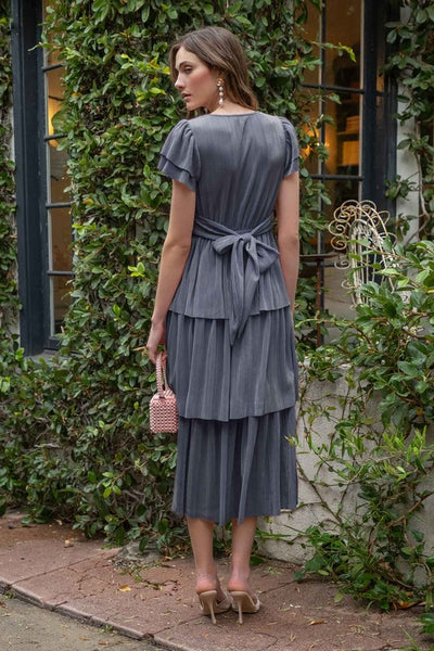 V Neck Pleated Ruffle Tiered Midi Dress