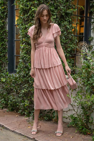 V Neck Pleated Ruffle Tiered Midi Dress