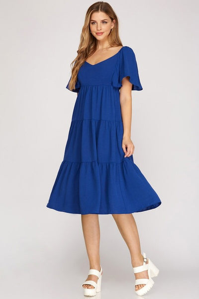Open Tie Back Flounce Midi Dress