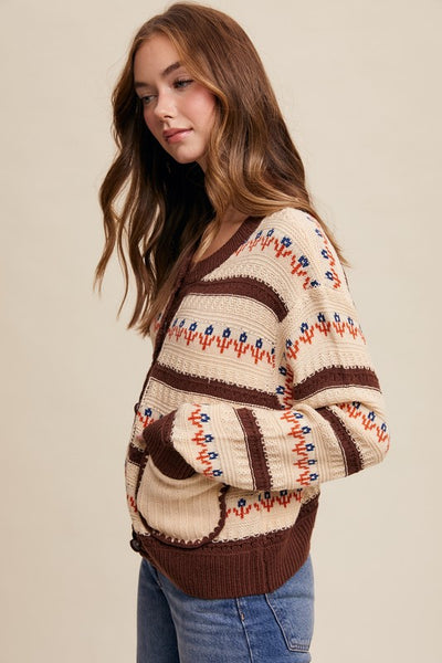 Flower Striped Pattern Knit Cardigan