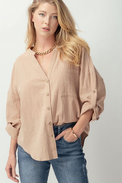 Cotton V Neck Button Up Shirt
