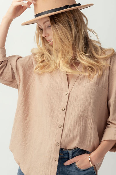 Cotton V Neck Button Up Shirt