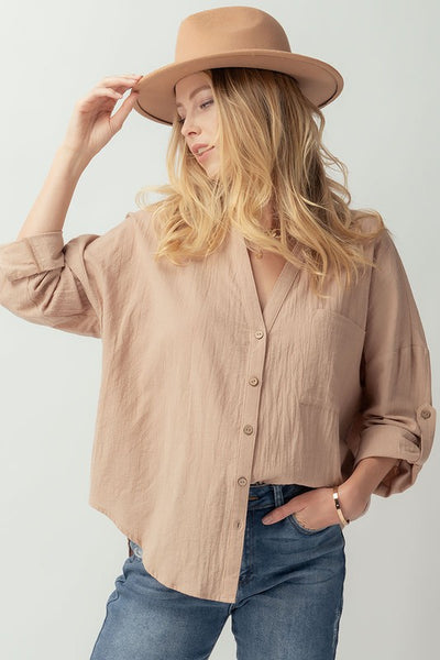 Cotton V Neck Button Up Shirt