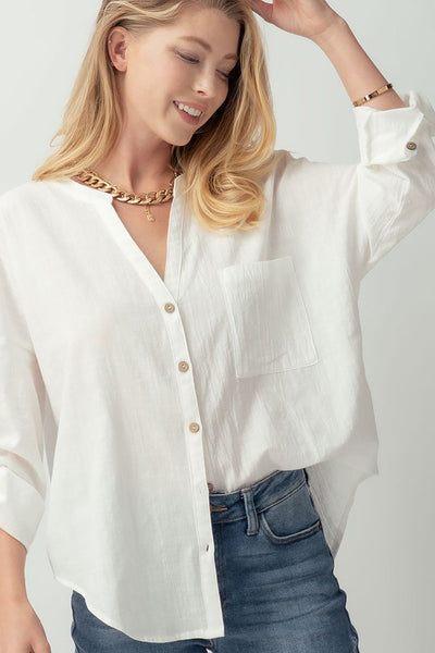 Cotton V Neck Button Up Shirt