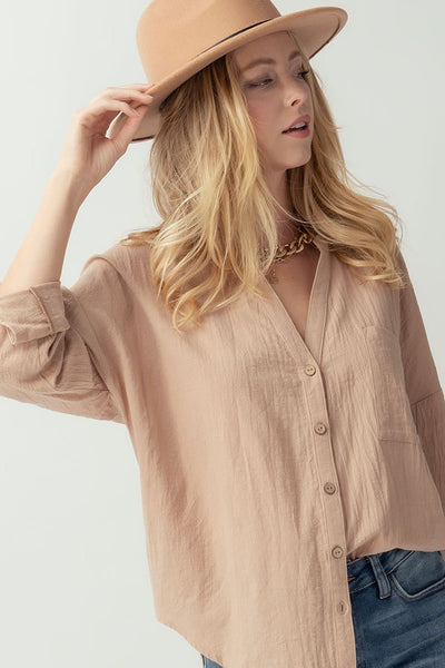 Cotton V Neck Button Up Shirt