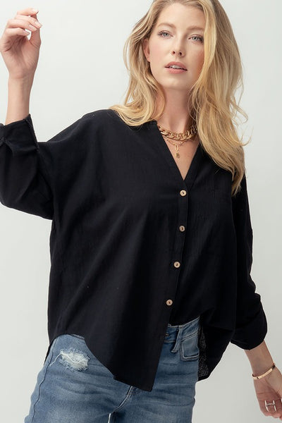 Cotton V Neck Button Up Shirt