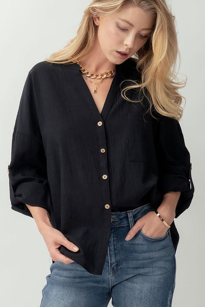 Cotton V Neck Button Up Shirt