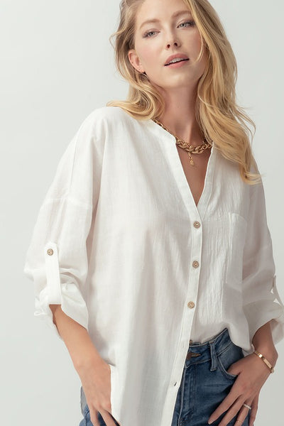 Cotton V Neck Button Up Shirt