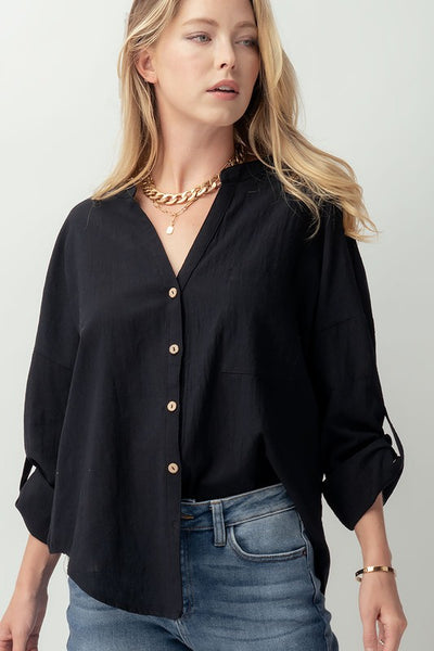 Cotton V Neck Button Up Shirt