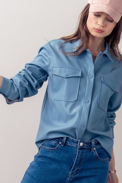 Faux Leather Button Down Shirt