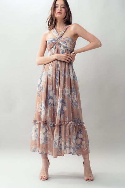 Floral Halter Ruffle Maxi Dress