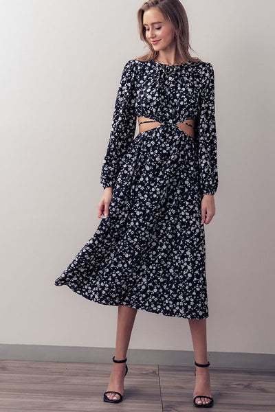 Waist Cut Out Floral Print Maxi Dress