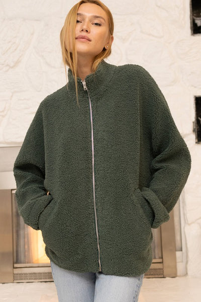 Fuzzy Jacket with High Collar and Back Elastic