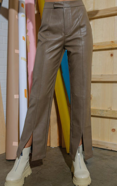 Leather Grid Front Slit Pants