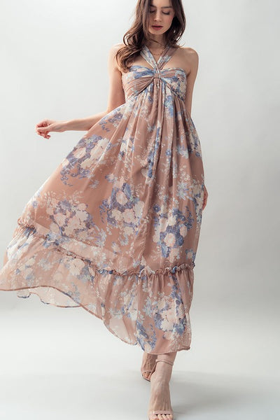 Floral Halter Ruffle Maxi Dress