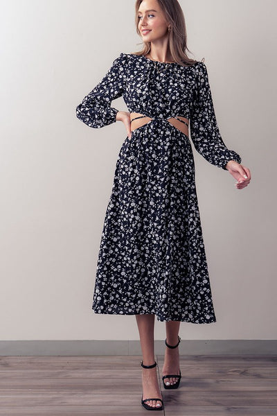 Waist Cut Out Floral Print Maxi Dress